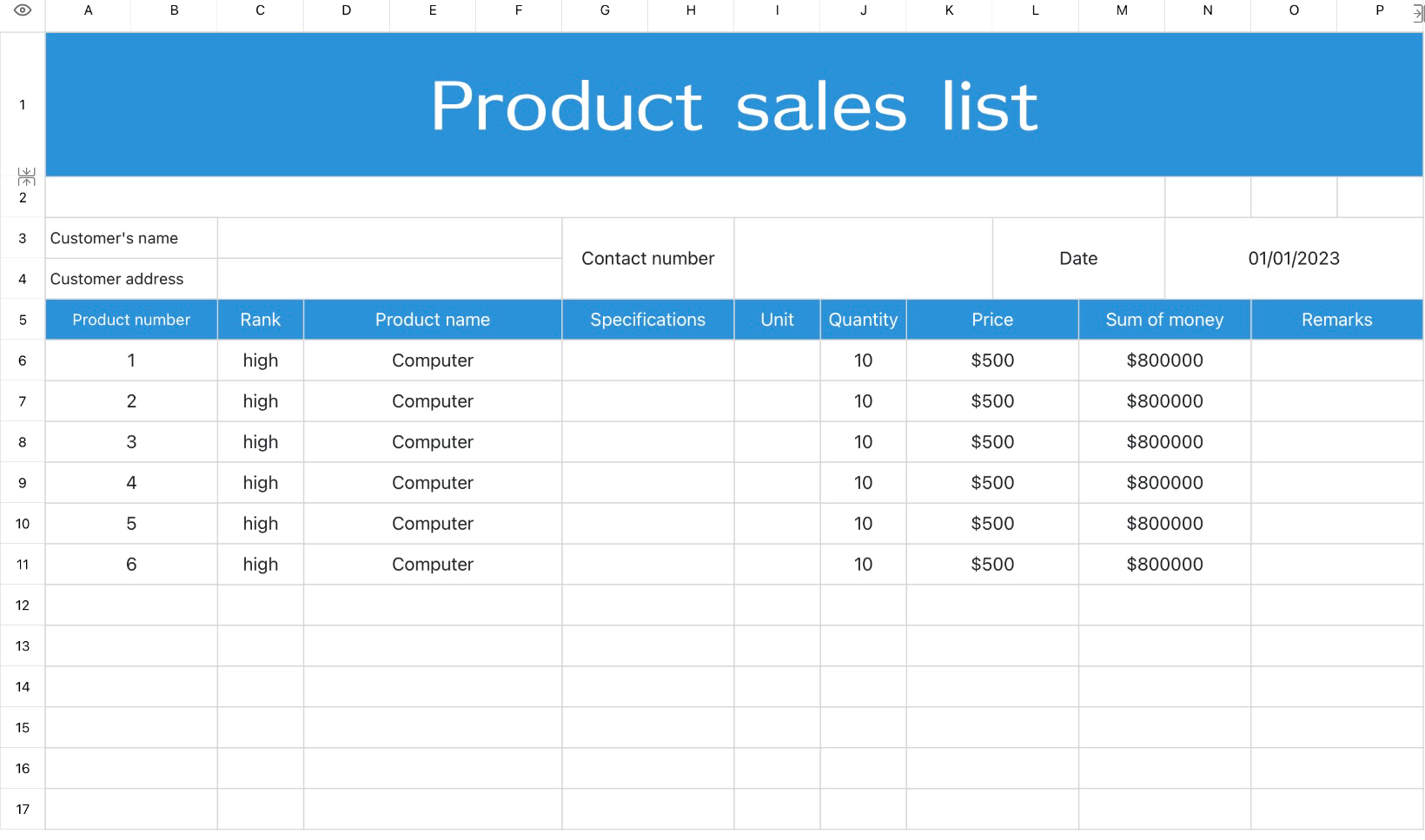 Product sales list